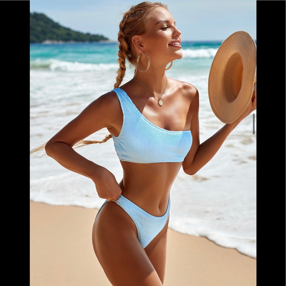 (Last 2)! YT2 style - One shoulder two piece high waist bikini swimsuit in blue. - Picture 2 of 6